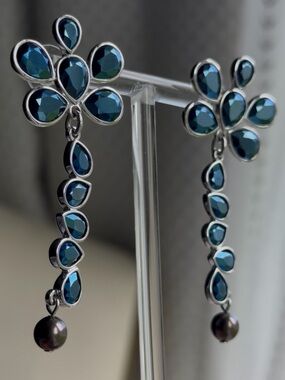 SWAROVSKI | Vintage Silver Floral Drop Earrings Blue Teardrops Dark Faux Pearl
